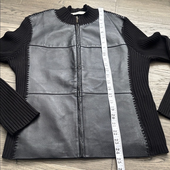Melrose | Black Genuine Leather Front Zip Knit-Sleeve Jacket Full Moto Medium - Picture 9 of 14